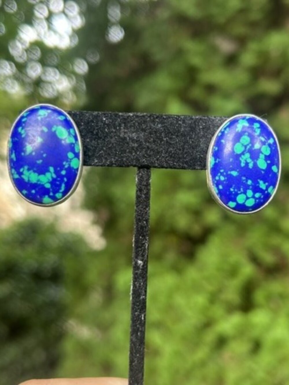 STERLING SILVER AZURITE “AIS” Stone Oval EARRINGS